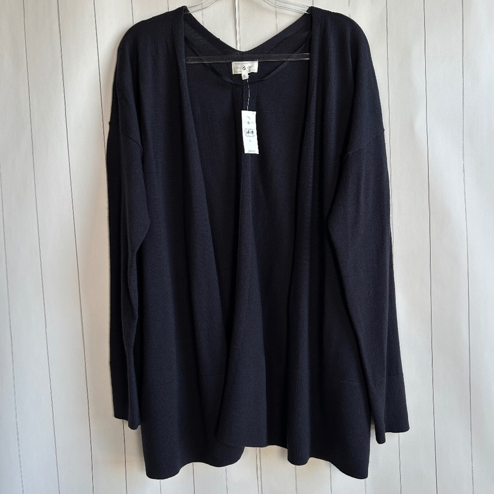 Lou & Grey size XL long cardigan 100% Merino wool navy open front w pockets NEW